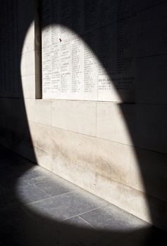 Names of fallen war heroes from the first World War on the Menin Gate in Ypres.  The Menin Gate is dedicated to the British and Commonwealth soldiers who were killed in the Ypres Salient of World War I and whose graves are unknown.