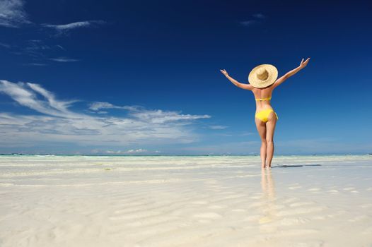 Girl on a tropical beach with outstretched arms