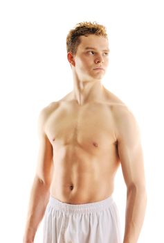 Man with muscular torso over white