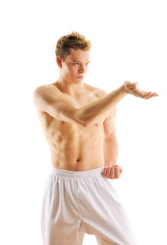 Man training taekwondo Isolated on white background