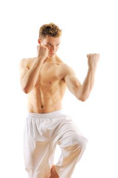 Man training taekwondo Isolated on white background