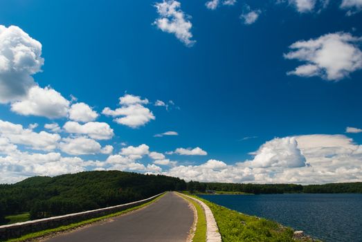 Clear day at Quabbin reservoir and water works Massachusetts