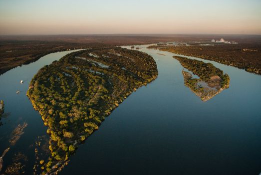 Aerial view of the Zambezi river with riverboats