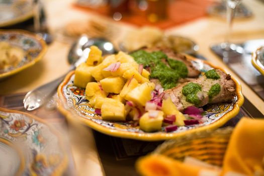 Hawaiian Style Pork Roast with Pineapple Slices, Served