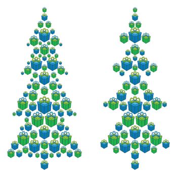 Christmas trees made up of blue and green gift boxes on white background