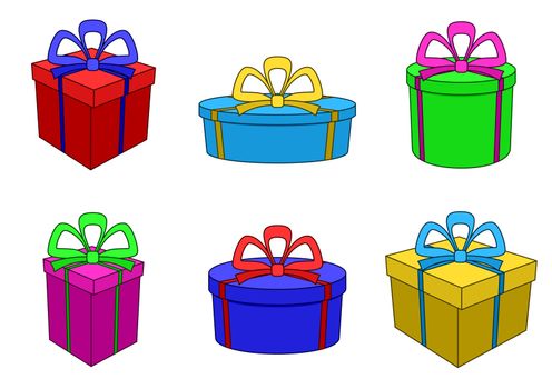 Set multi coloured gift boxes different forms with bows