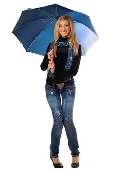 Beautiful cheerful blonde with blue umbrella. Isolated