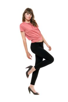 Young playful woman in a black leggings. Isolated on white