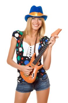 Portrait of cheerful young blonde with a little guitar