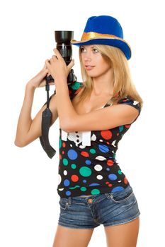 Portrait of nice young blonde with a photo camera