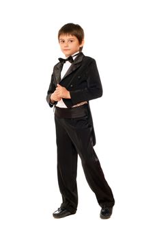 Little boy in a tuxedo. Isolated on white