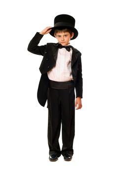 Little boy in a tuxedo and hat. Isolated