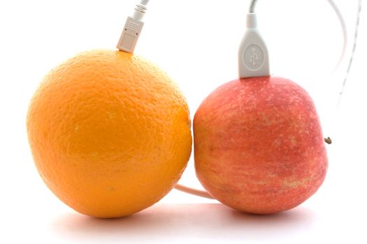 The orange and apple are connected through a cable 2