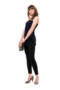 Stylish girl in a black leggings. Isolated on white