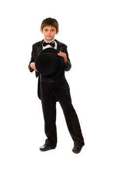 Little boy in tuxedo with a hat. Isolated