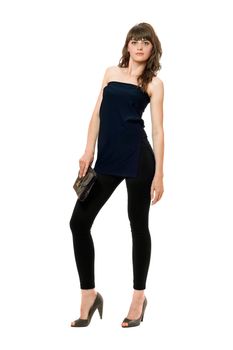 Nice young woman in black leggings with a handbag