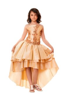 Attractive little girl in a chic evening dress. Isolated