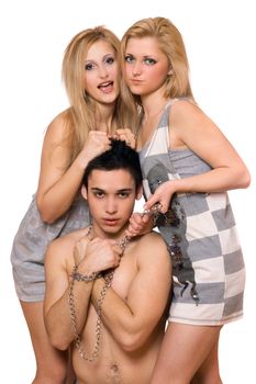 Two playful blonde and a guy in chains