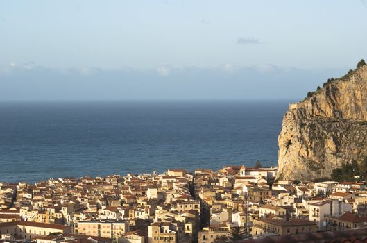 View of the Cefalu with sea and mountain.Sicily- Italy
