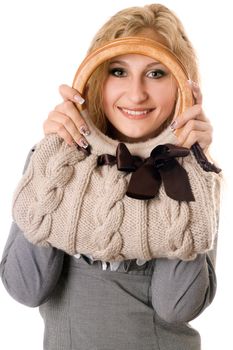 Portrait of smiling blonde with a handbag