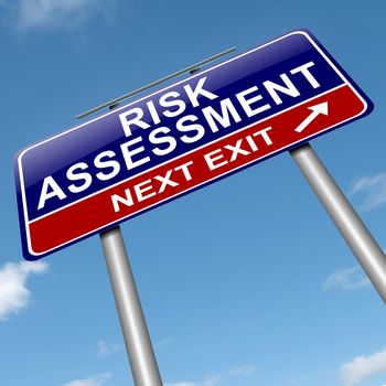 Illustration depicting a roadsign with a risk assessment concept. Sky background.