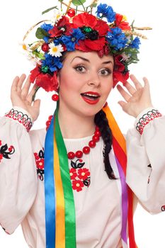 Portrait of happy woman in the Ukrainian national clothes