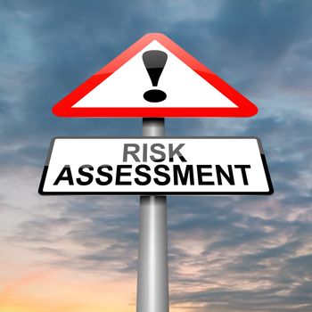 Illustration depicting a roadsign with a risk assessment concept. Cloudy dusk sky background.