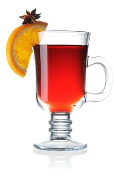 Hot mulled wine isolated on white with reflection