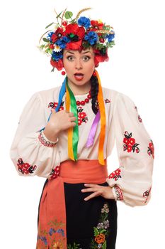 Portrait of surprised young woman in the Ukrainian national clothes