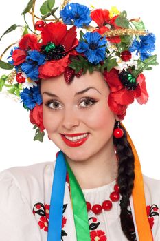 Closeup portrait of young woman in the Ukrainian national clothes