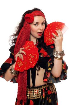 Portrait of sensual gypsy woman with cards. Isolated