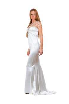 Charming young woman in wedding dress. Isolated