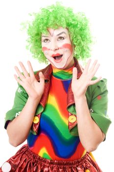 Cheerful female clown. Isolated on white background