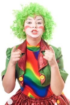Portrait of female clown. Isolated on white