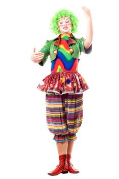Female clown, gives a speech. Isolated on white