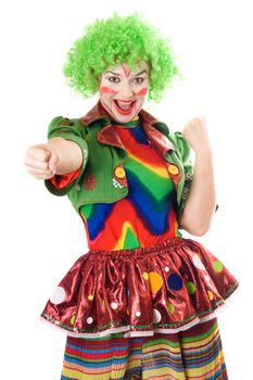 Portrait of joyful female clown. Isolated on white background