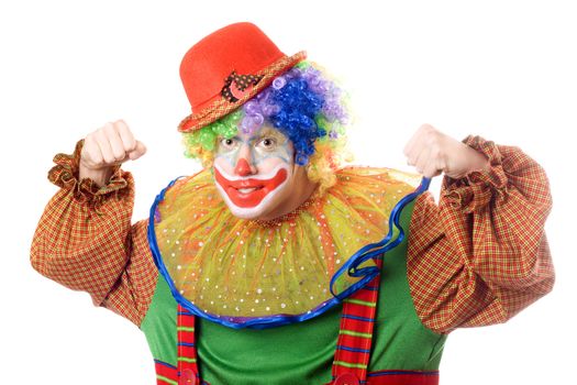 Portrait of an aggressive clown. Isolated on white