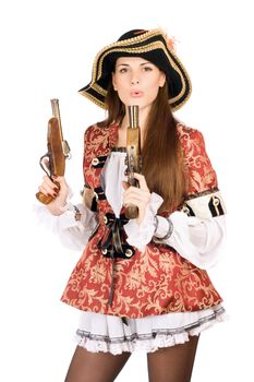 Young pretty woman with guns dressed as pirates