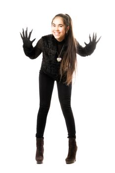 Playful young brunette in gloves with claws. Isolated