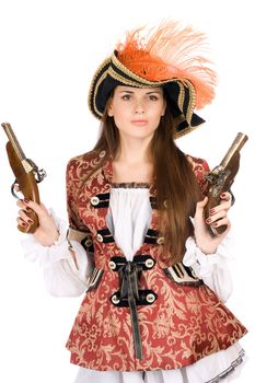 Gorgeous young woman with guns dressed as pirates