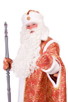 Portrait of a Russian Christmas character Ded Moroz (Father Frost). Isolated on white