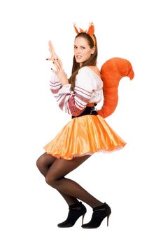 Playful young woman dressed in a suit squirrels