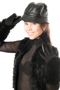 Portrait of smiling girl in gloves with claws. Isolated