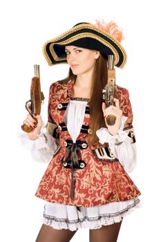 Young charming woman with guns dressed as pirates
