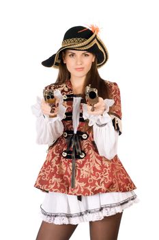 Young beautiful woman with guns dressed as pirates