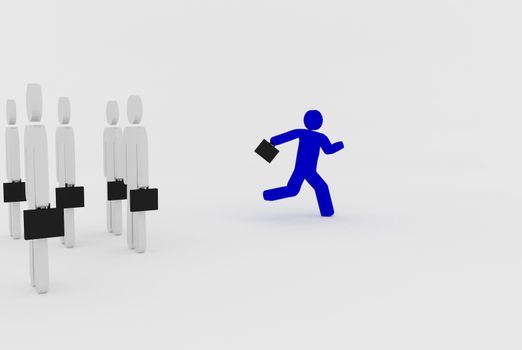 standing business men with briefcases following running business man