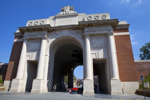 The Menin Gate in Ypres, Belgium. The gate is dedicated to the British and Commonwealth soldiers who were killed in the Ypres Salient of World War I and whose graves are unknown. 