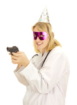 Female medical doctor with a gun