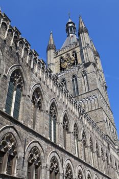 Looking up at Cloth Hall in Ypres, Belgium.