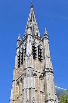 Looking up at the impressive St. Martin's Cathedral in Ypres, Belgium.
